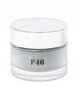 Clear glass jar with gray lid and 'F46' label on a white background