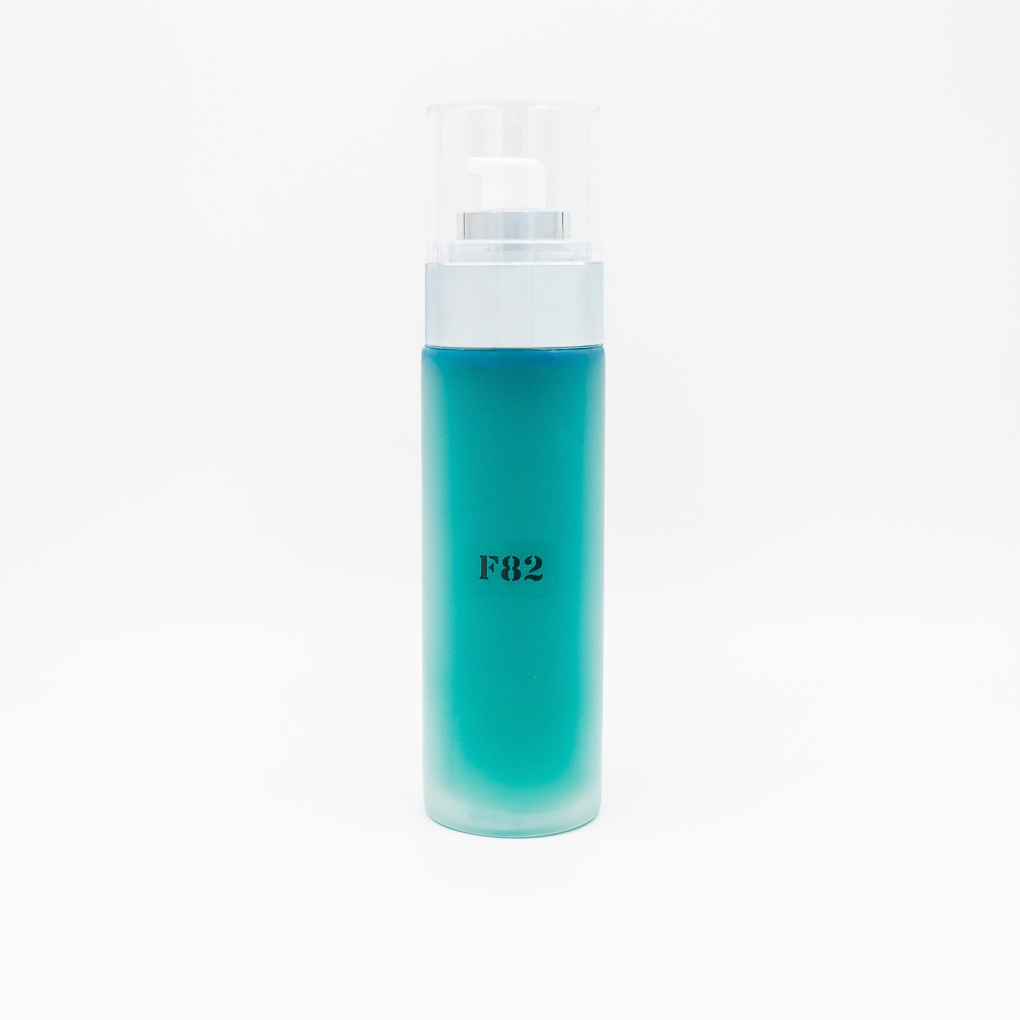 Teal bottle with white cap and 'F82' label on a white background