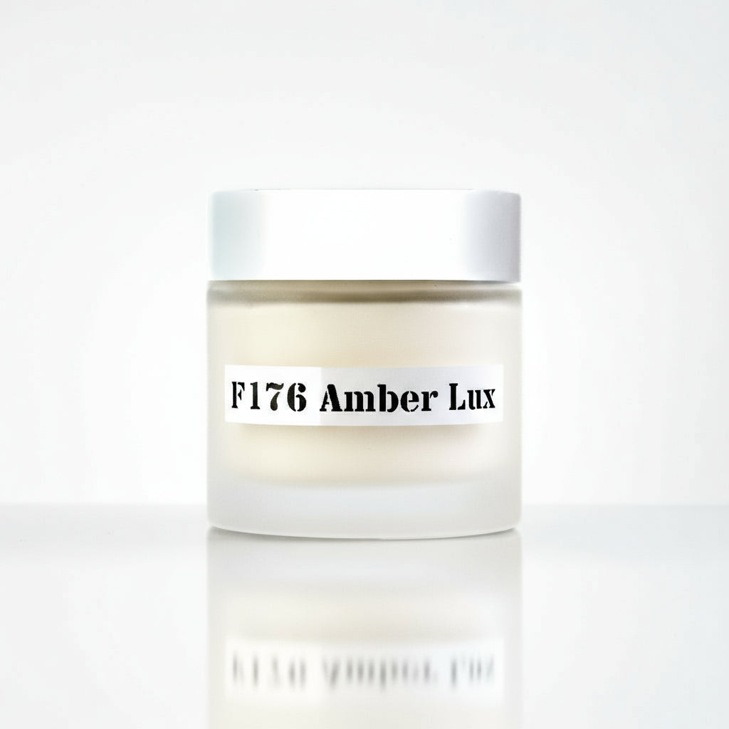 Jar of cream labeled 'F176 Amber Lux' on a white background