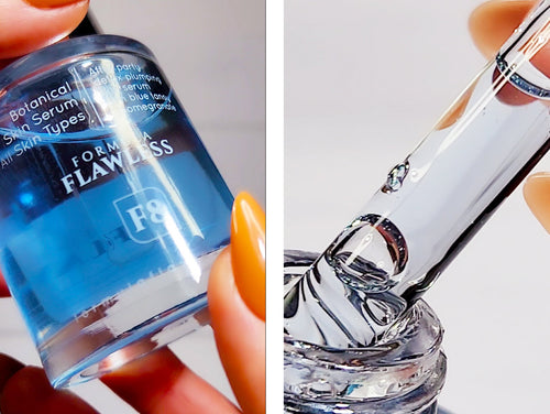 2 Close ups of the F8 Serum is see-through glass bottle The striking blue color comes from Blue Tansy.
