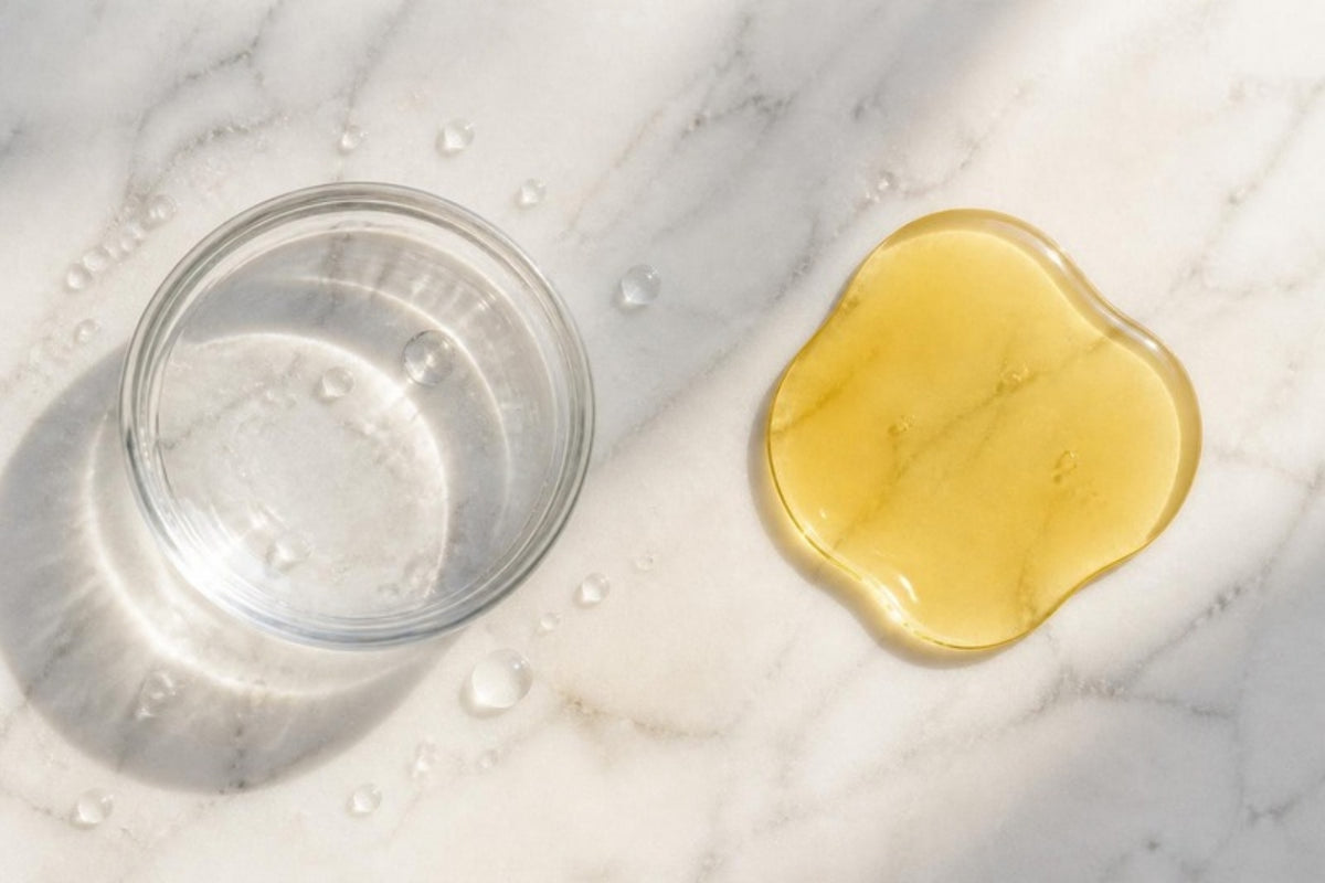 Overhead view of a shallow glass dish of clear water beside a separate pool of golden botanical oil on white marble, the two distinct and unmixed