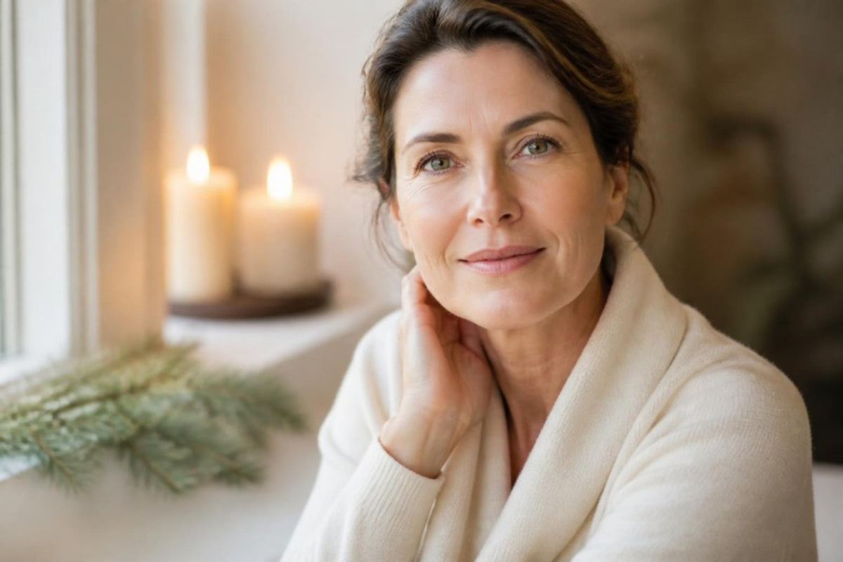 Woman in her late forties with calm, healthy skin sitting by a window in warm winter light, candles and a sprig of evergreen beside her
