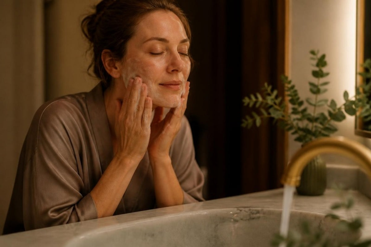 Woman cleansing her face at a bathroom sink in soft evening light, with eucalyptus and warm tile behind her