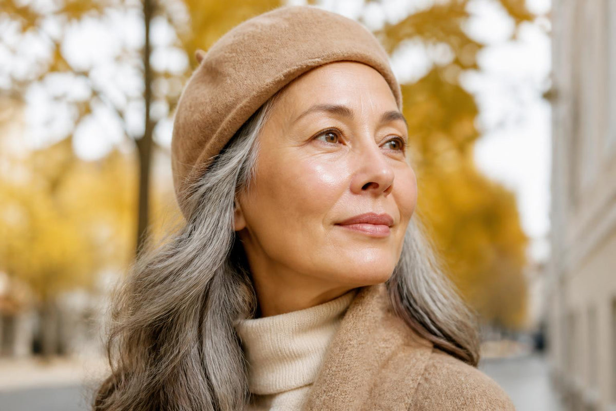 A woman outdoors in autumn light, skin calm and even