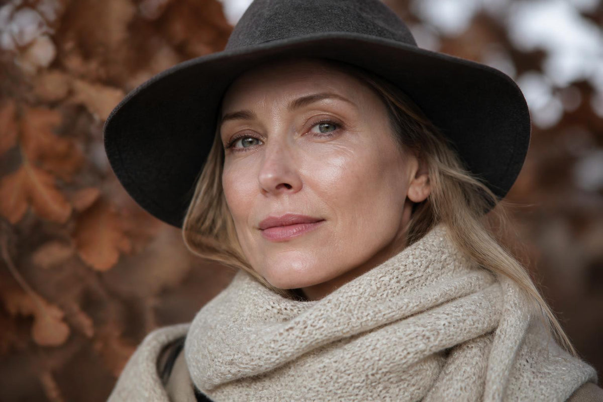 A woman outdoors in autumn, her skin reflecting light evenly