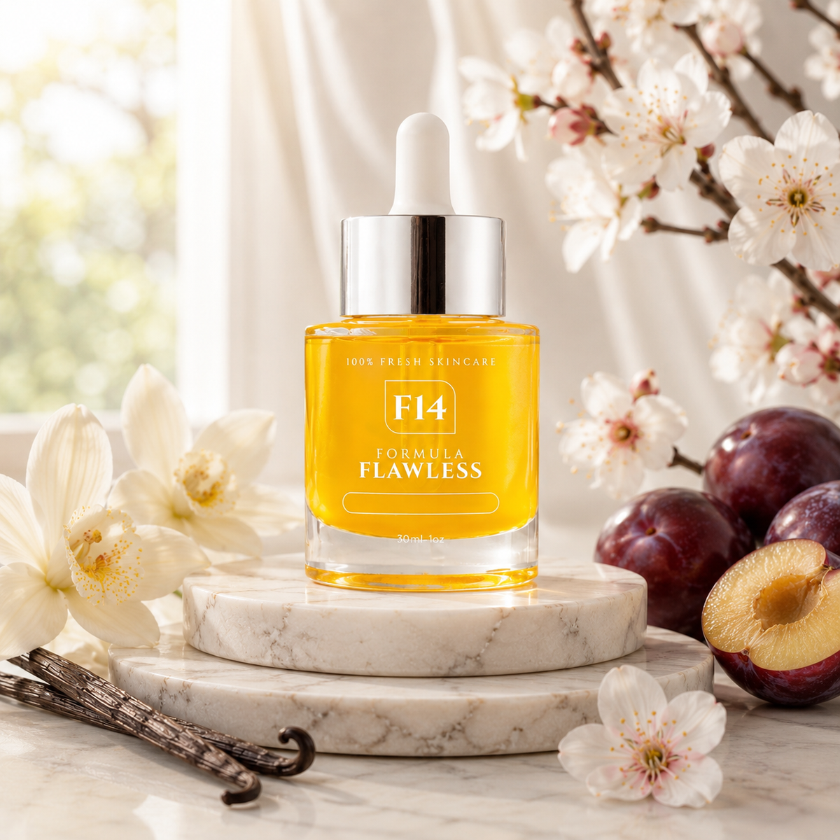 F14 French Plum Radiance Serum, cold-pressed plum seed oil for tone and radiance