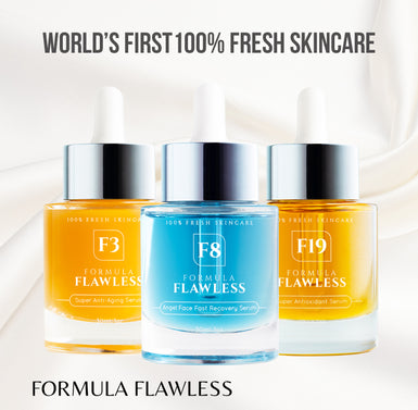 3 images of our best selling serums, the F3 Deep Hydration and Pluming Serum, the F8 Angel Face Fast Recovery Serum and the F19 Just Fruit Super Antioxidant Serum