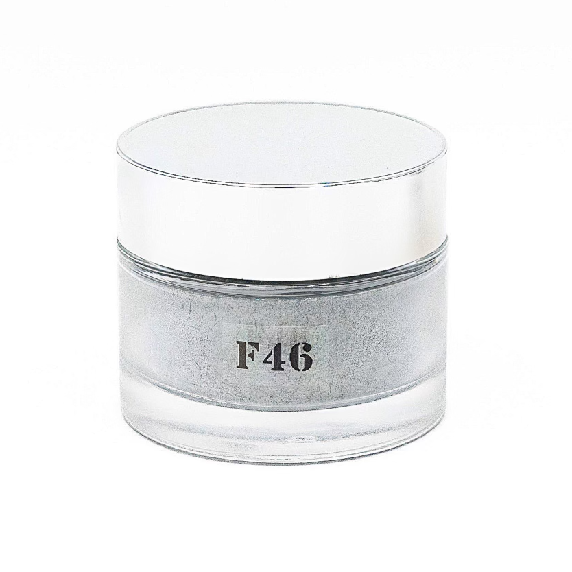 Clear glass jar with gray lid and 'F46' label on a white background