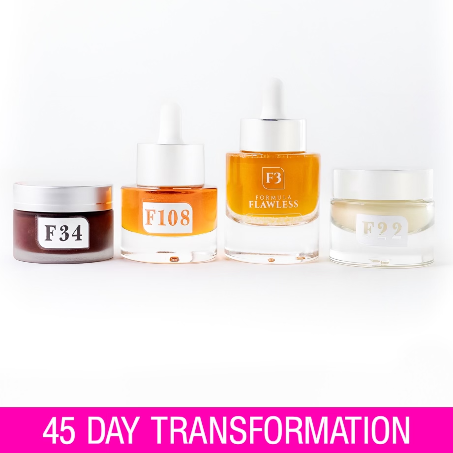 Set of skincare products with labels on a white background, featuring the text '45 Day Transformation'.