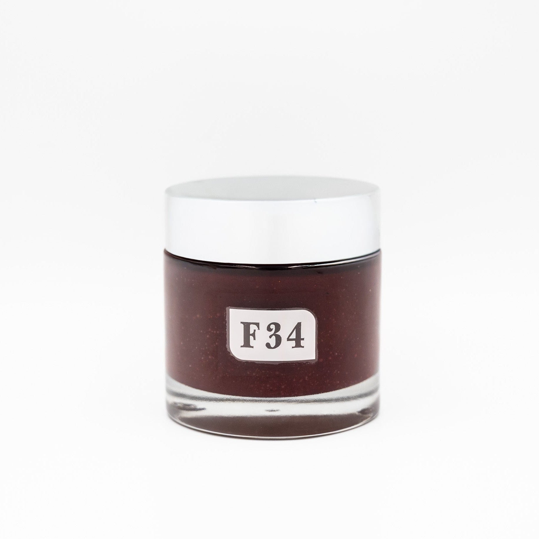 Jar with a white lid and label displaying 'F34' on a white background