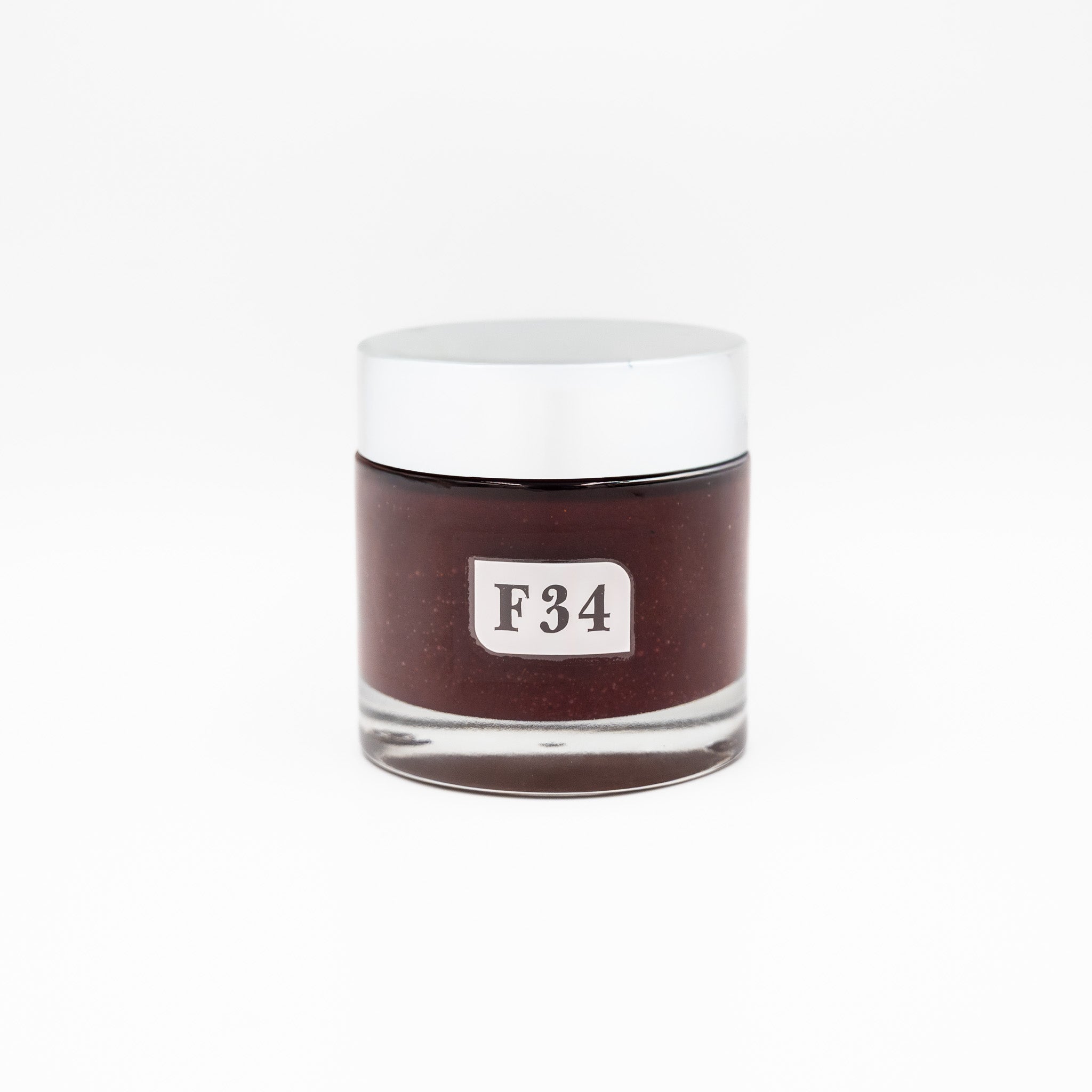 Jar with a white lid and label displaying 'F34' on a white background