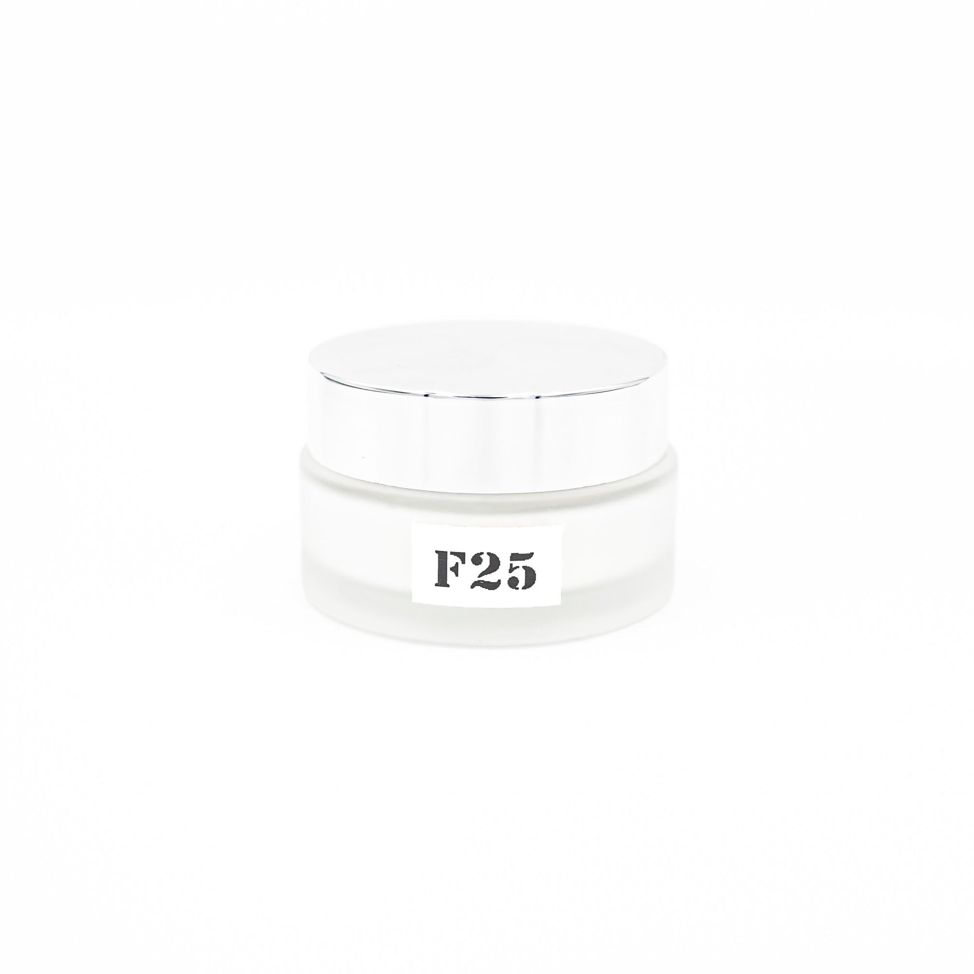 Clear jar with 'F25' label on a white background
