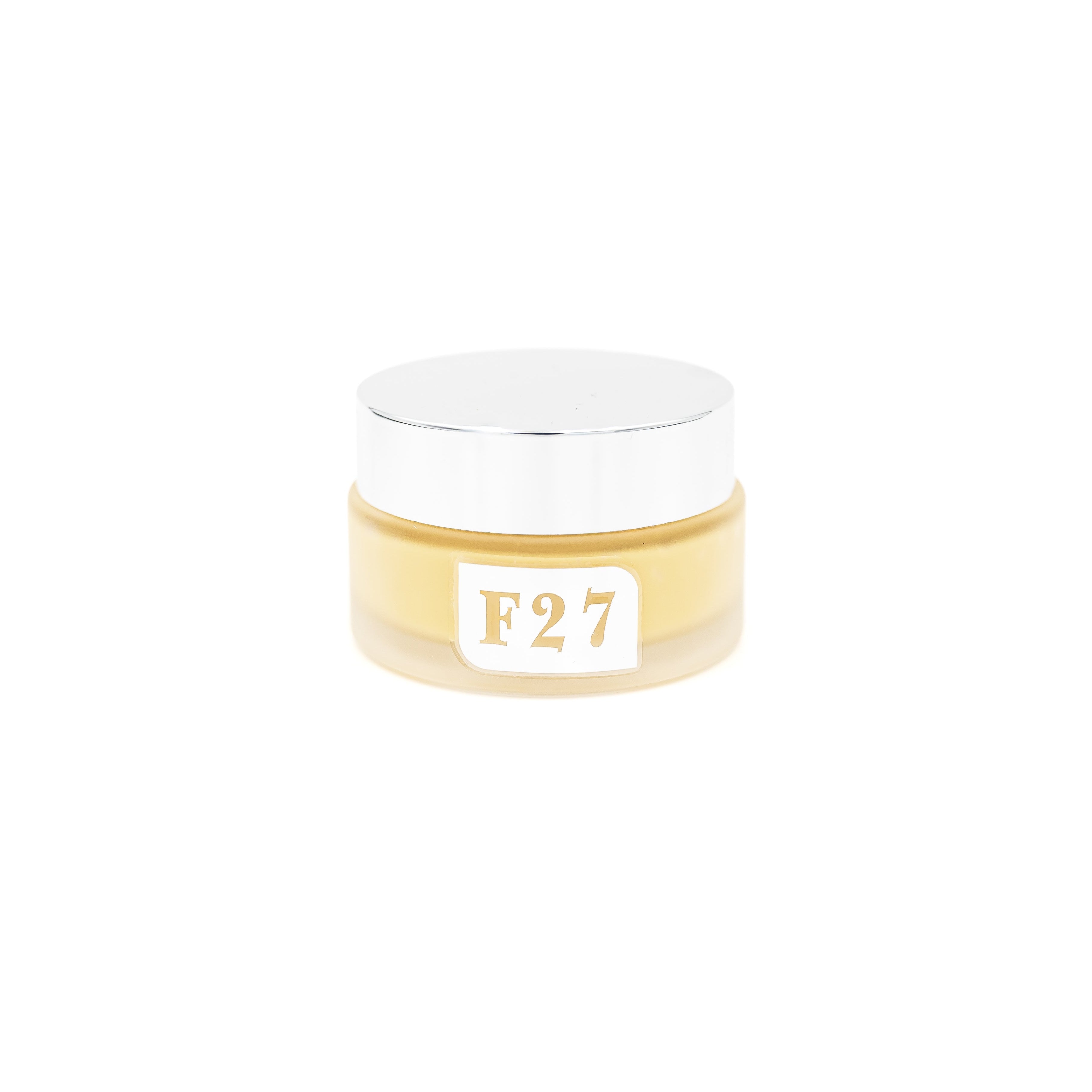 Jar of cream with 'F27' label on a white background