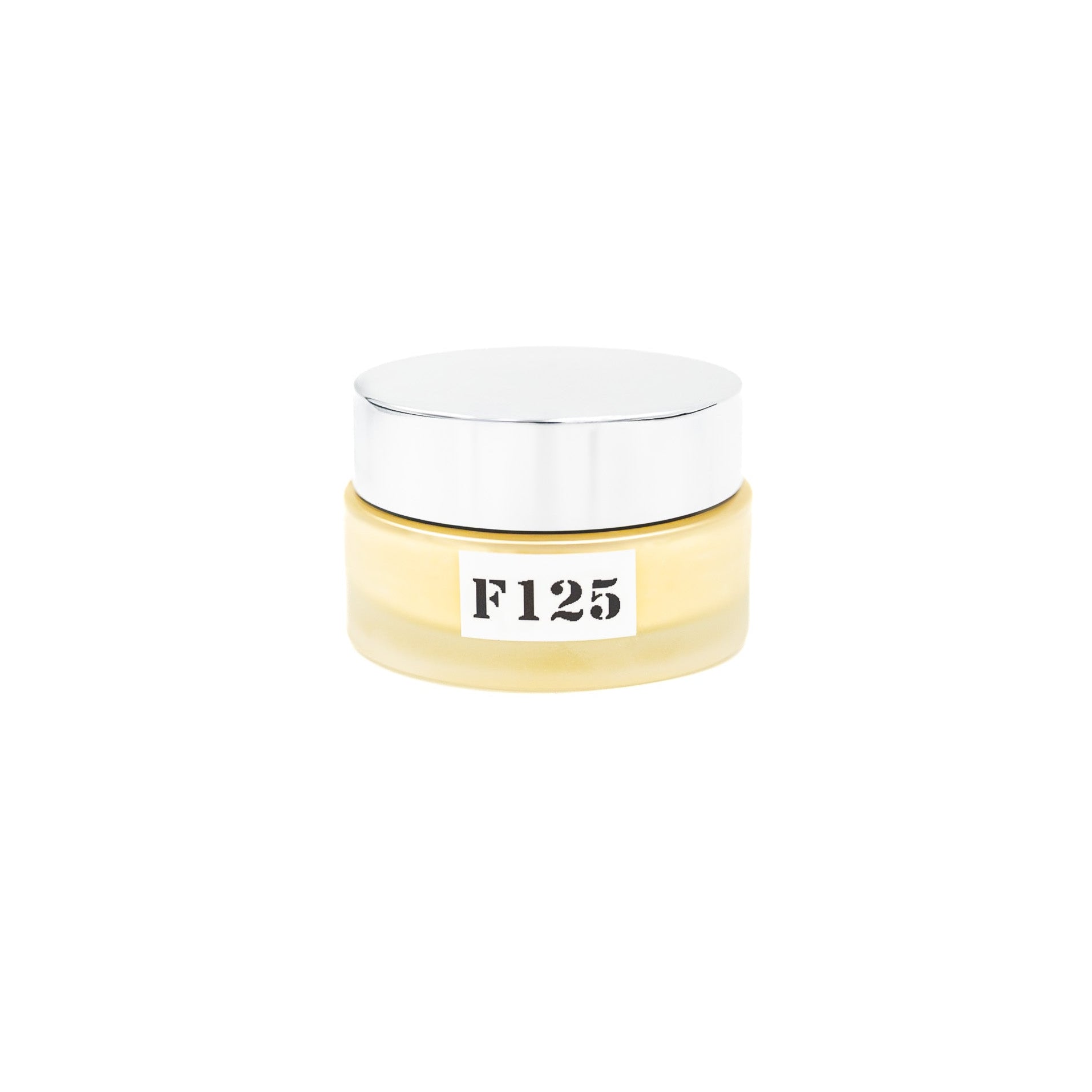 Jar with a white label displaying 'F125' on a white background