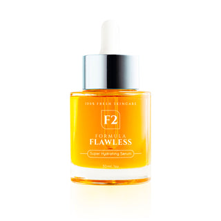Formula Flawless F2 Serum for Dry Skin Image of the dropper bottle which is transparent glass with a sliver lid and white squeezy top