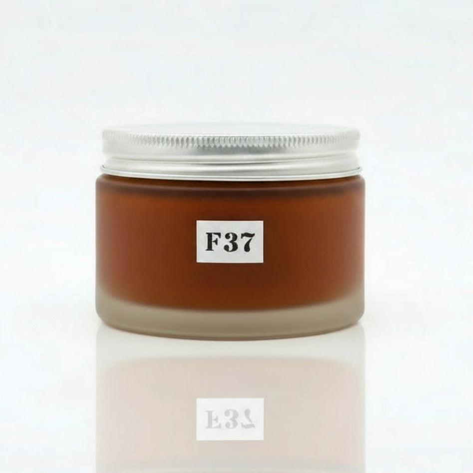 Jar with a white lid and label 'F37' on a white background
