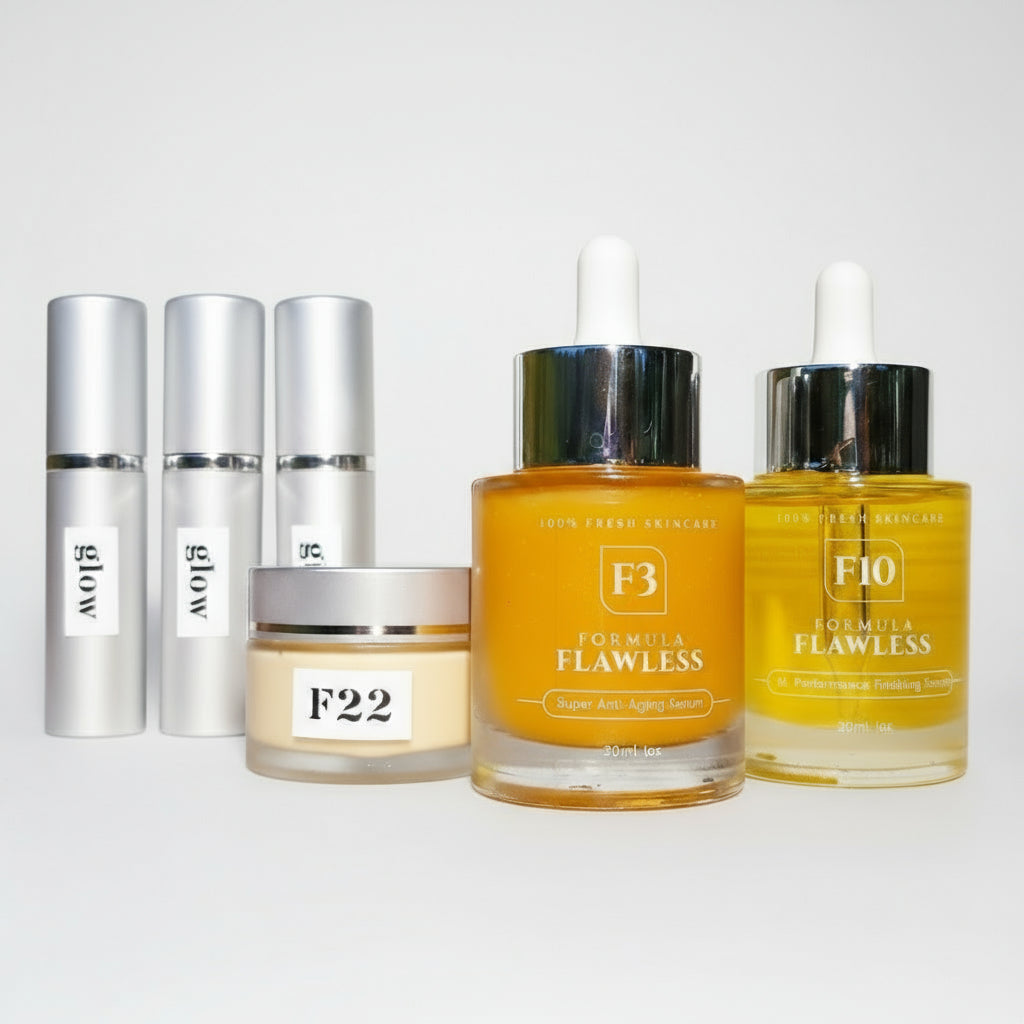 A skincare product set including a cleanser, toner, serum, and moisturizer, with packaging labeled 'F3Lawless', displayed on a table with a plant background.