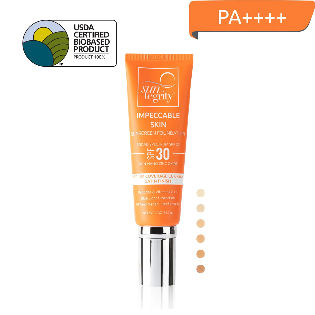 Suntegrity Impeccable Skin SPF 30 tube with shade swatches