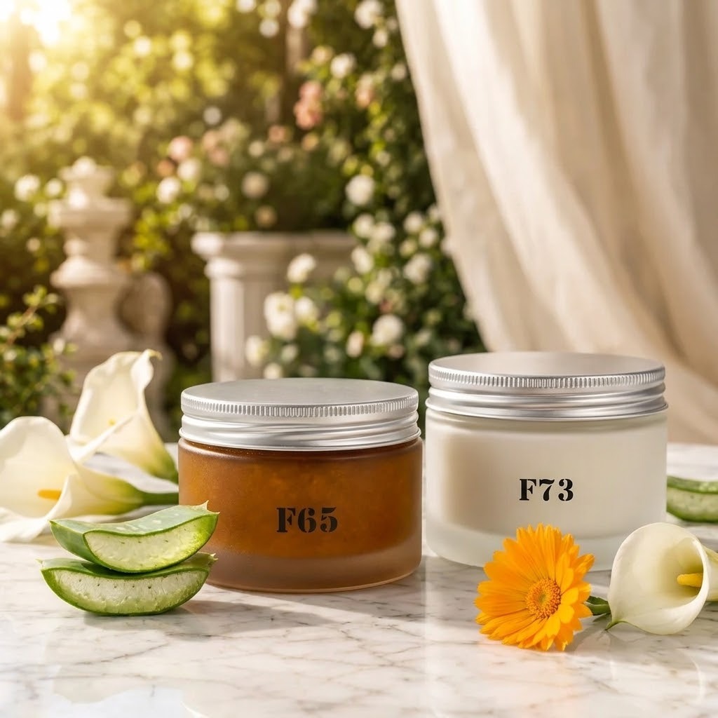 Formula Flawless F65 body polish and F73 Vanilla Noir body cream together on white marble
