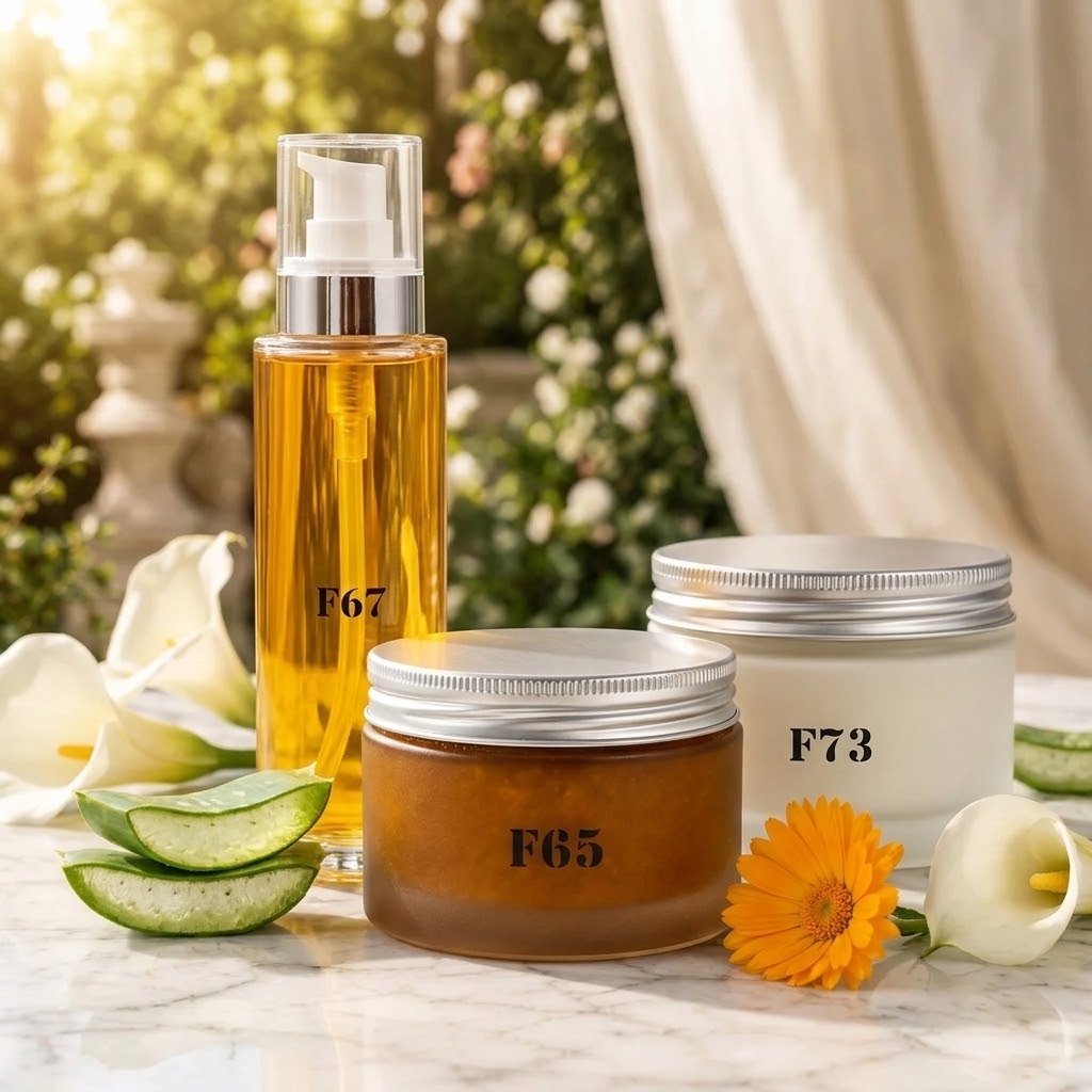 Formula Flawless F65 body polish, F67 Calle Lily body serum and F73 Vanilla Noir body cream together on white marble