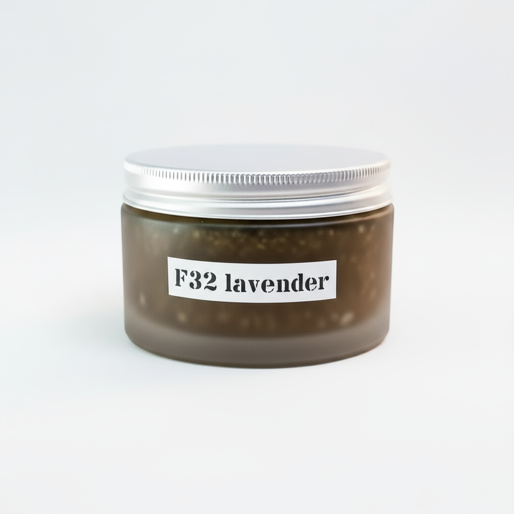 A jar of F32 Organic Lavender Aloe Exfoliate & Hydrate body scrub on a white surface with a label that reads 'F32 LAVENDER'.