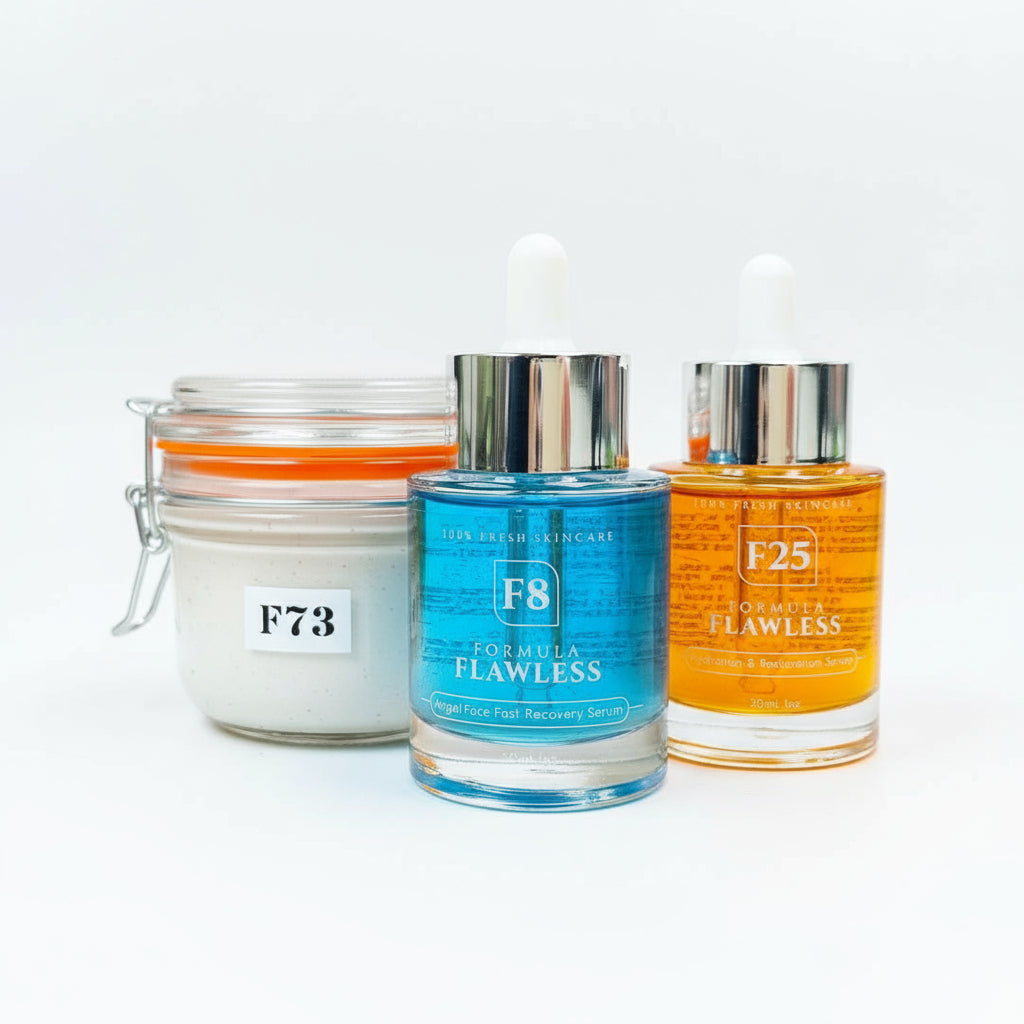 Three skincare products labeled 'F8' with a container of cream, a container of lotion, and a container of serum, arranged near a pine tree.